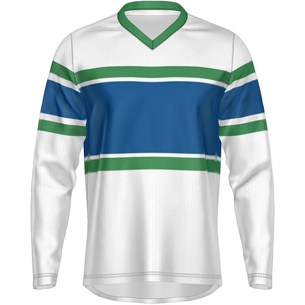White, blue and green long-sleeve shirt on a white background