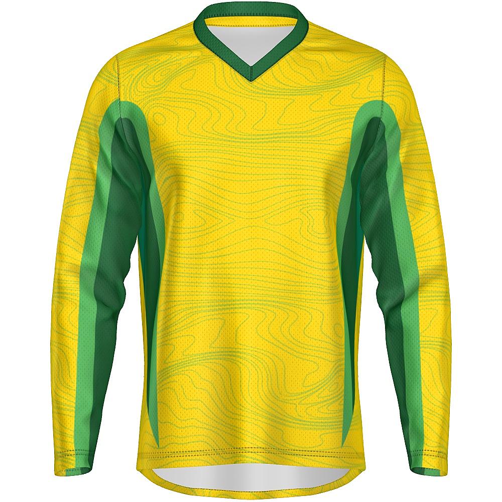 Yellow long-sleeve shirt with topography design and green accents on a white background