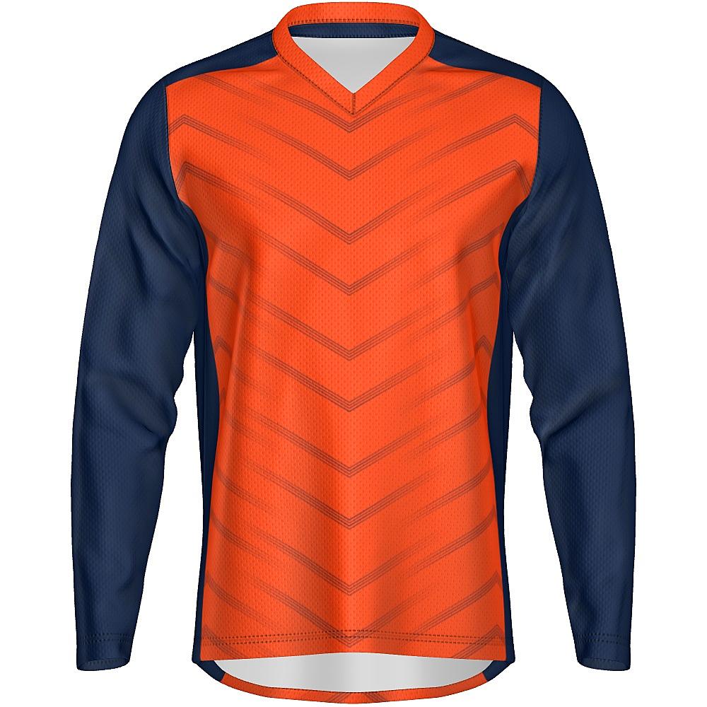 Orange long-sleeve shirt with navy accents and chevron design on a white background