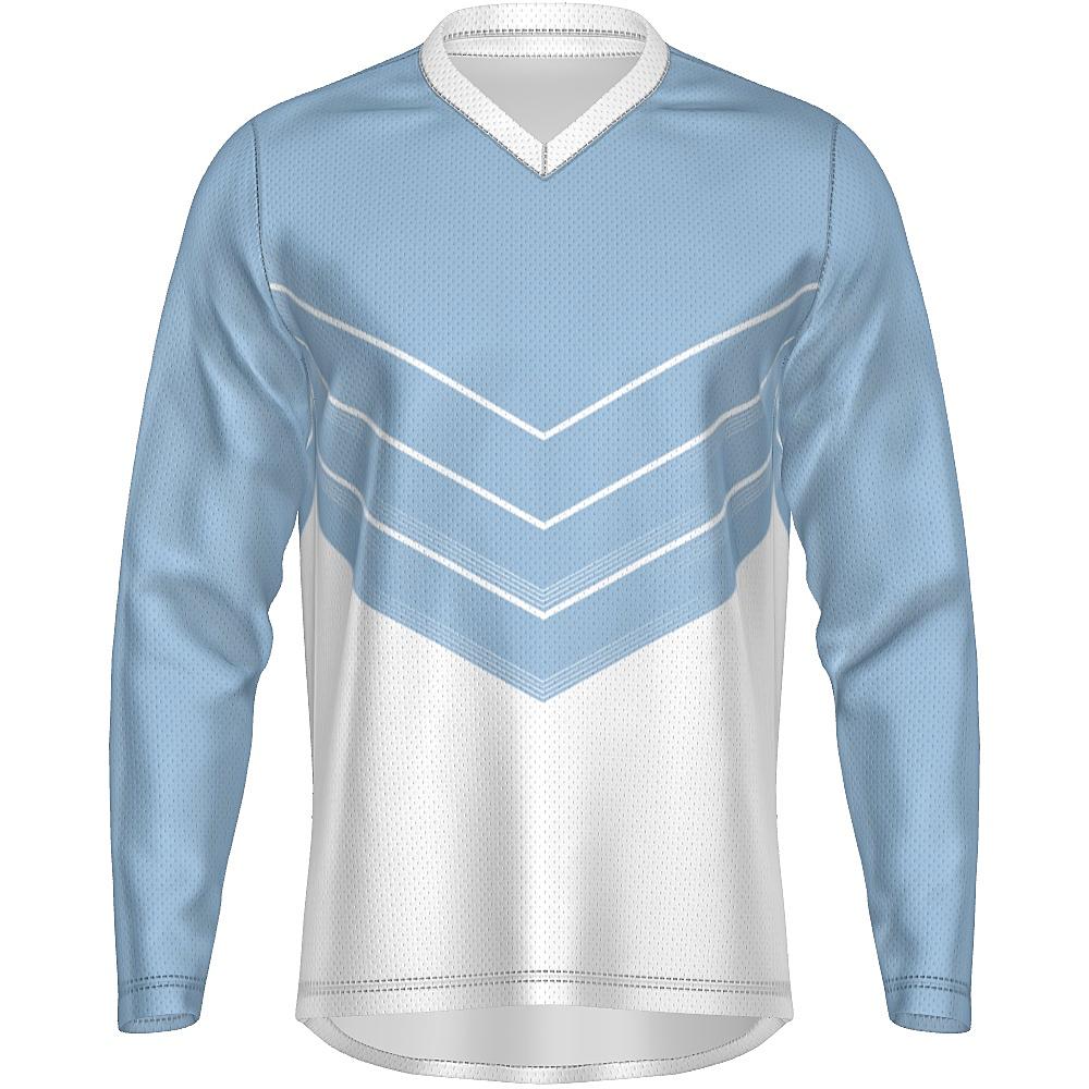 Blue and white long-sleeve shirt with chevron design on a white background