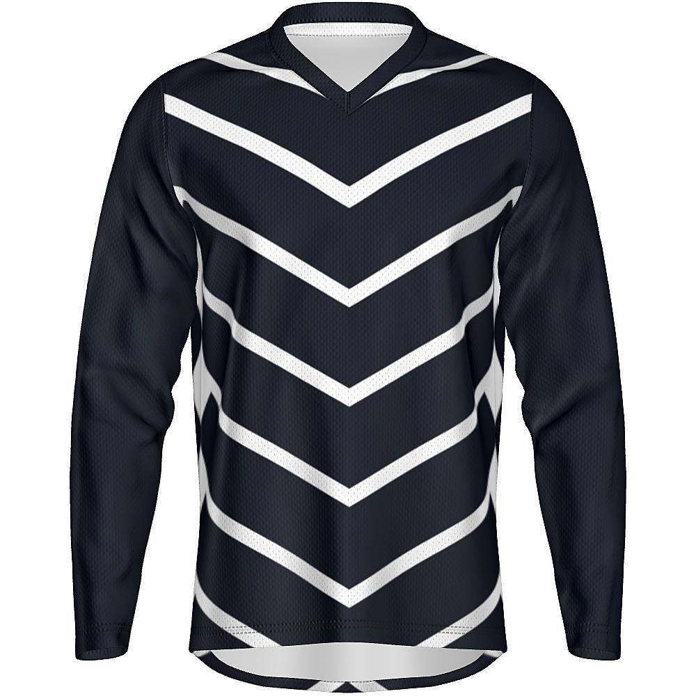 Black long-sleeve shirt with white chevrons on a white background