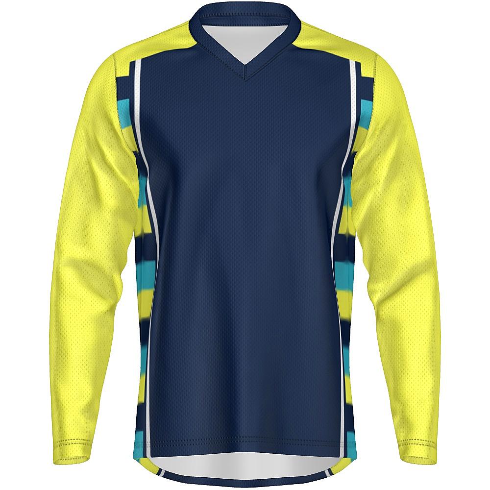Navy long-sleeve shirt with yellow sleeves and striped side panels on a white background