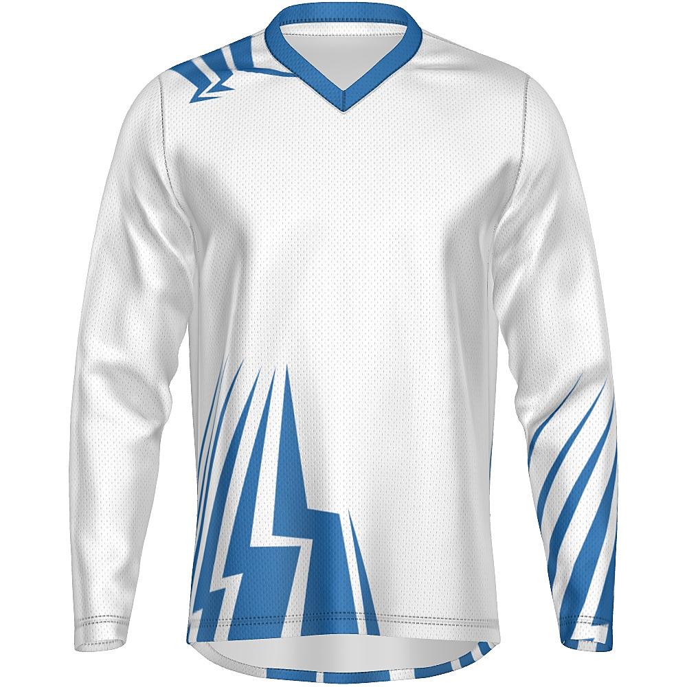 White long-sleeve shirt with blue bolt-shaped accents on a white background