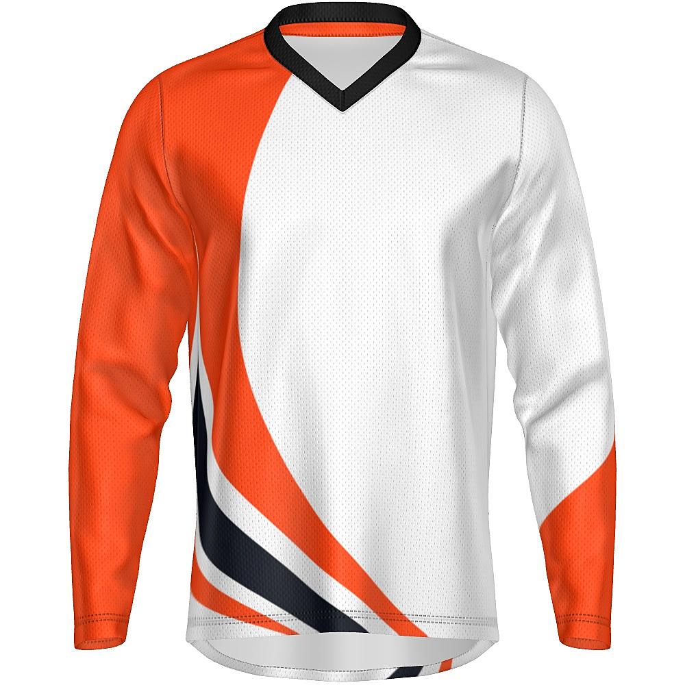 White long-sleeve shirt with black and orange curved stripes on a white background