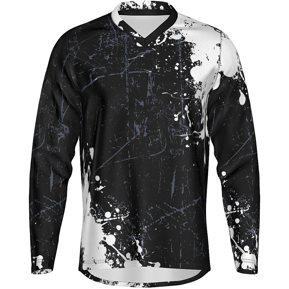 Black long-sleeve shirt with white and grey distressed design on a white background