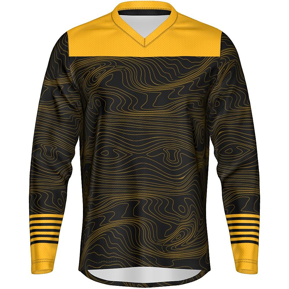 Black long-sleeve shirt with yellow accents and topographic design on a white background