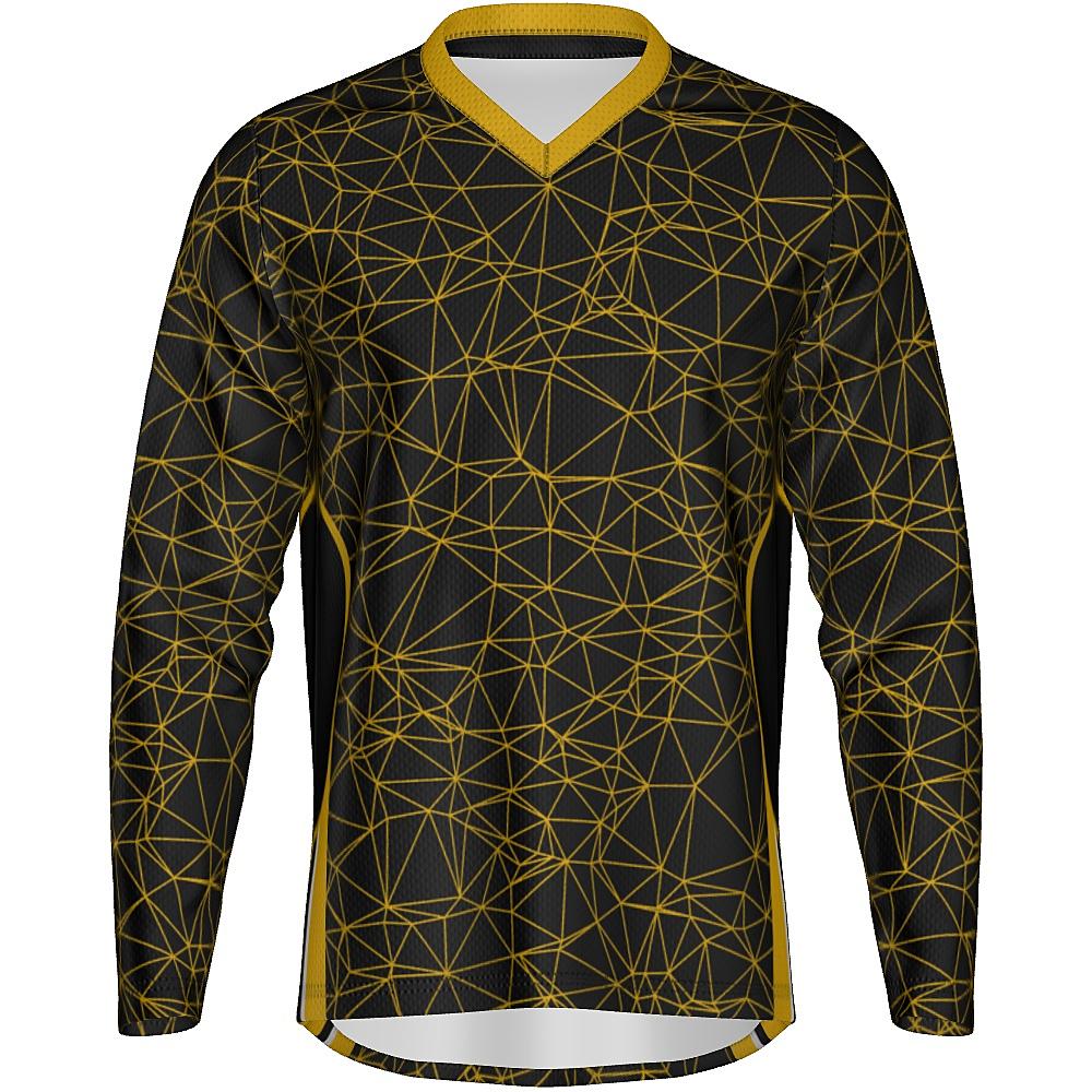 Black long-sleeve shirt with yellow geometric design on a white background