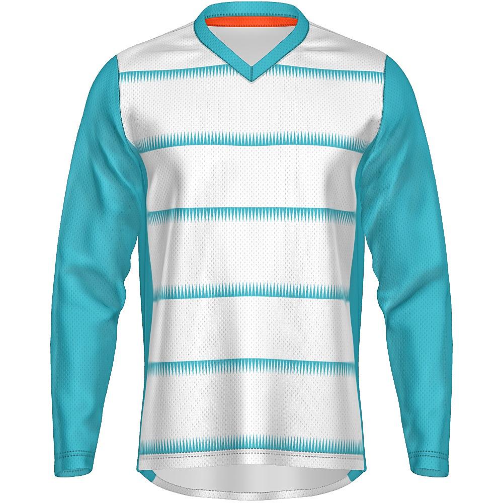 White long-sleeve shirt with teal sleeves and sawtooth stripes