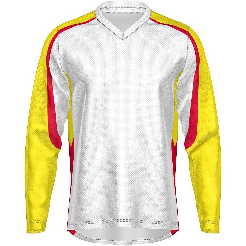White long-sleeve shirt with yellow and red accents on a white background