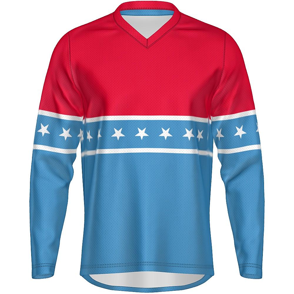 Blue and red long-sleeve shirt with white stars and stripes on a white background