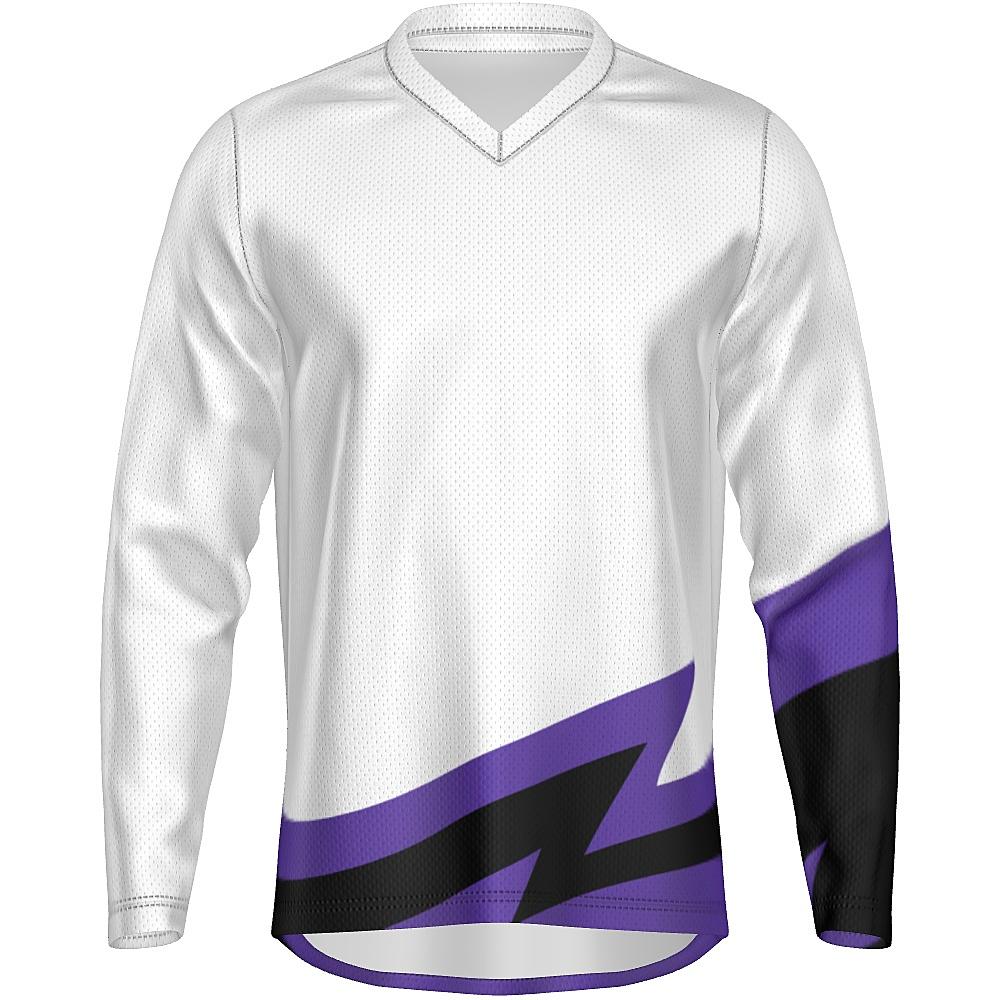 White long-sleeve shirt with black and purple accents on a white background