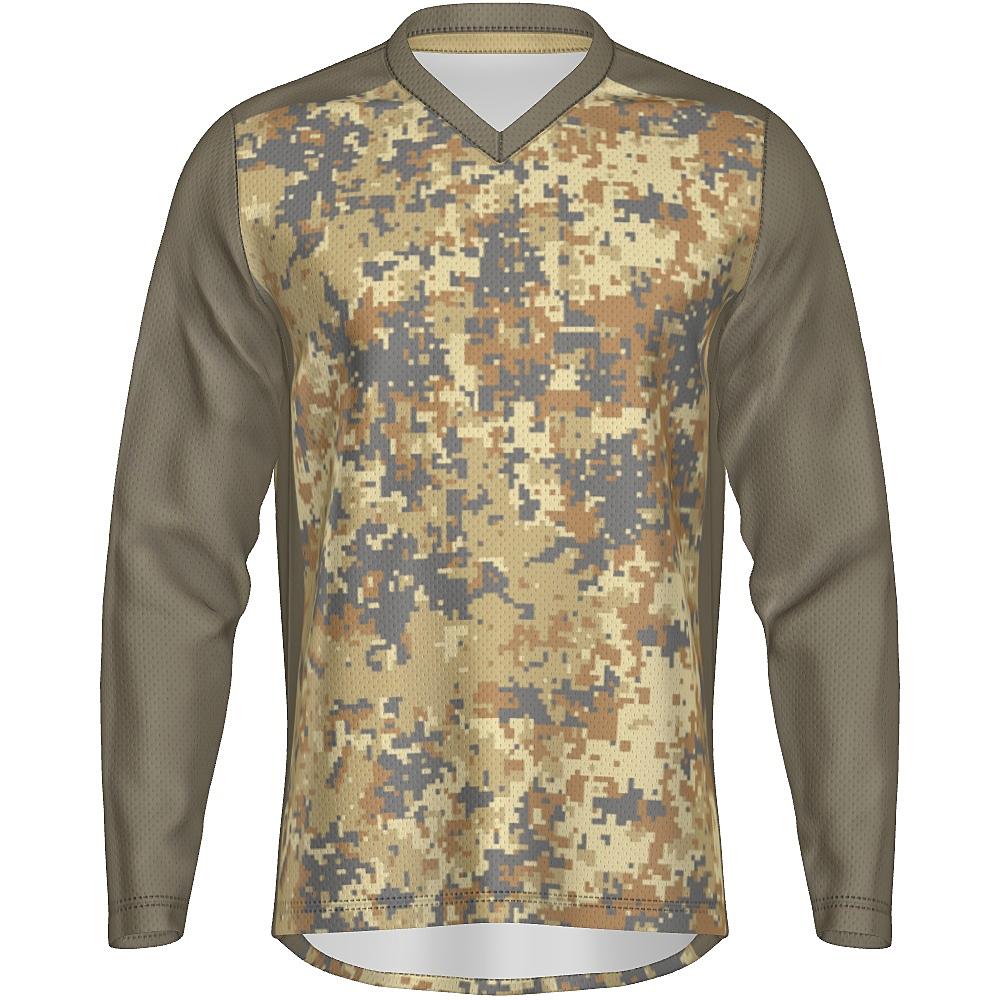 Earth-tone long-sleeve shirt with digital camo design on a white background