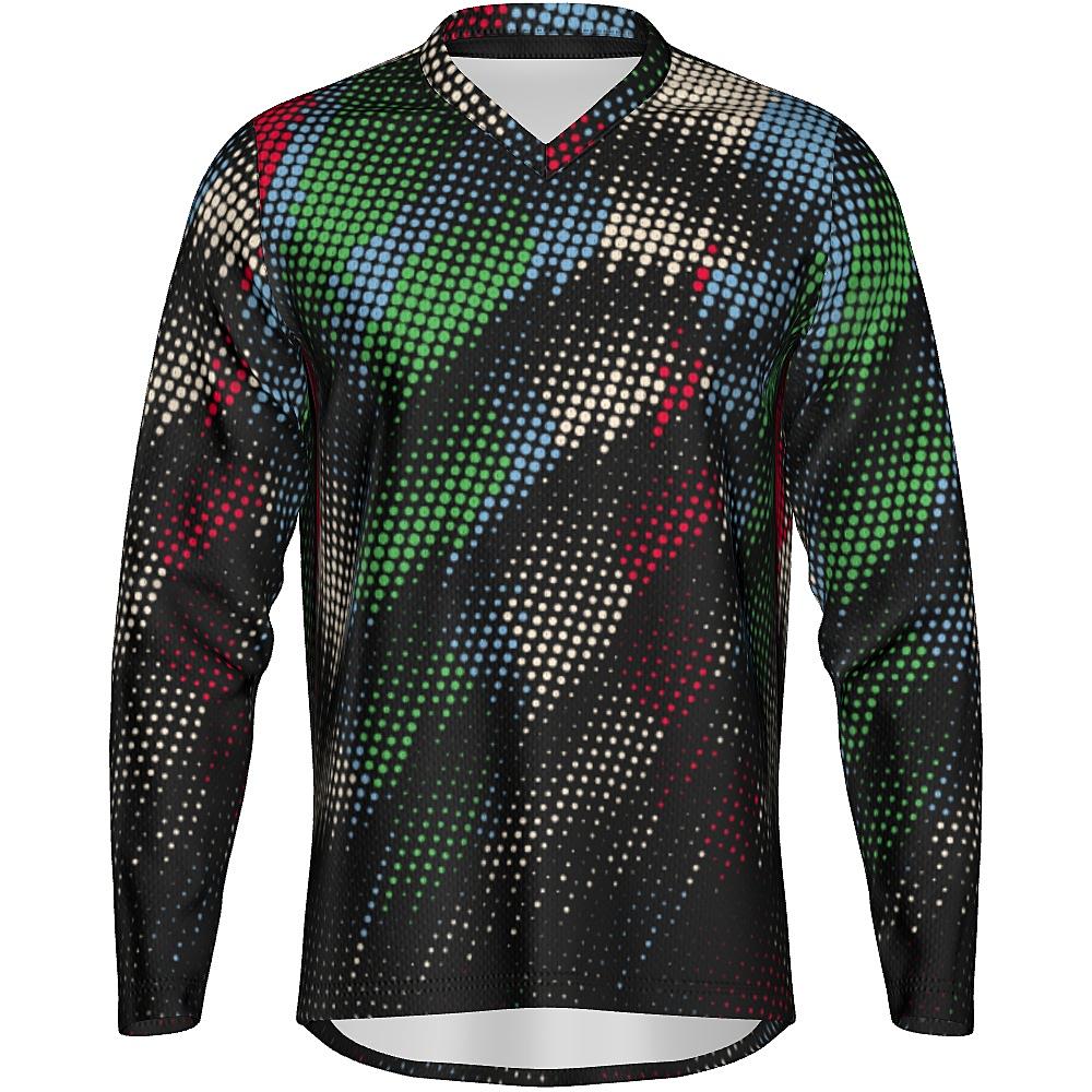 Black long-sleeve shirt with multicolored dot pattern on a white background