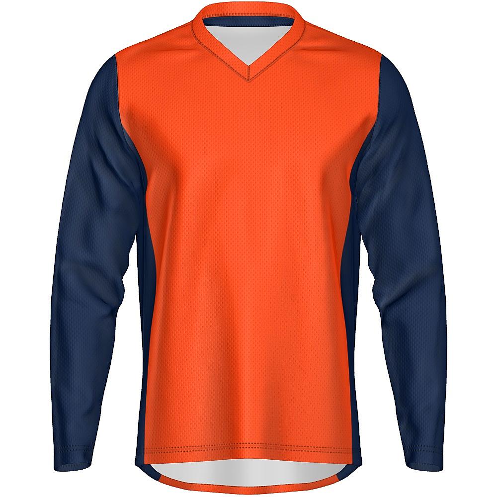 Orange long-sleeve shirt with navy sides and sleeves on a white background