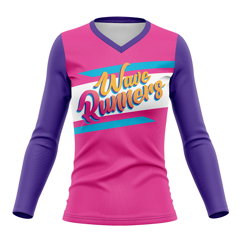 Pink and purple long-sleeve shirt with 'Wave Runners' text on a white background