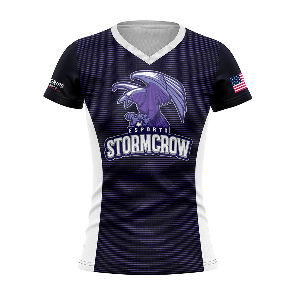 Esports team jersey with 'Stormcrow' logo on a white background